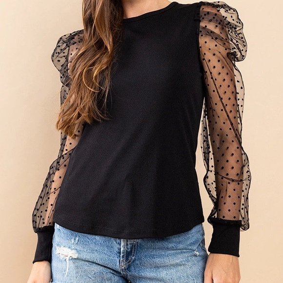 Tops - New-Sheer Puff Sleeve Knit Top